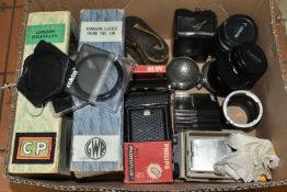 ONE BOX OF VINTAGE CAMERA LENSES AND SUNDRIES, comprising a Chad Valley G.W.R Jig-saw puzzle, 200
