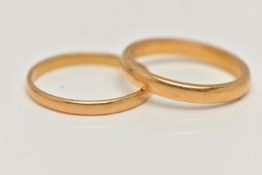 TWO 22CT GOLD BAND RINGS, the first a polished band ring, approximate width 3mm x depth 1.5mm,