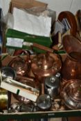 TWO BOXES OF METALWARES AND SUNDRY ITEMS ETC, to include three copper kettles, copper jug, small