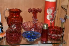 A COLLECTION OF VICTORIAN CRANBERRY GLASSWARE, comprising a modern Dartington Crystal limited