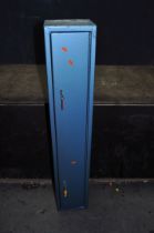 A METAL GUN CABINET WITH TWO LOCKS AND KEYS width 23cm depth 21cm height 126cm