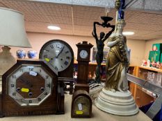 A GROUP OF CLOCKS AND FIGURAL LAMP BASES, comprising a pocket watch and stand, the continental