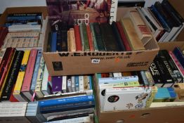 FIVE BOXES OF BOOKS containing over 160 miscellaneous titles in hardback and paperback formats,