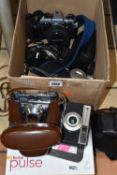ONE BOX OF VINTAGE CAMERAS, comprising an Isomat- Rapid C camera, an Olympus Om-System lens 1:28 f=