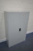 A METAL TWO DOOR OFFICE CABINET, width 90cm x depth 40cm x height 140cm (condition report: scratch