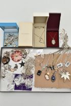 ASSORTED WHITE METAL PENDANTS AND CHAINS, various styles of pendants, some set with semi-precious