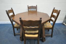 AN OAK OCTAGONAL DINING TABLE, on four tapered legs united by a bentwood stretcher, diameter 124cm x