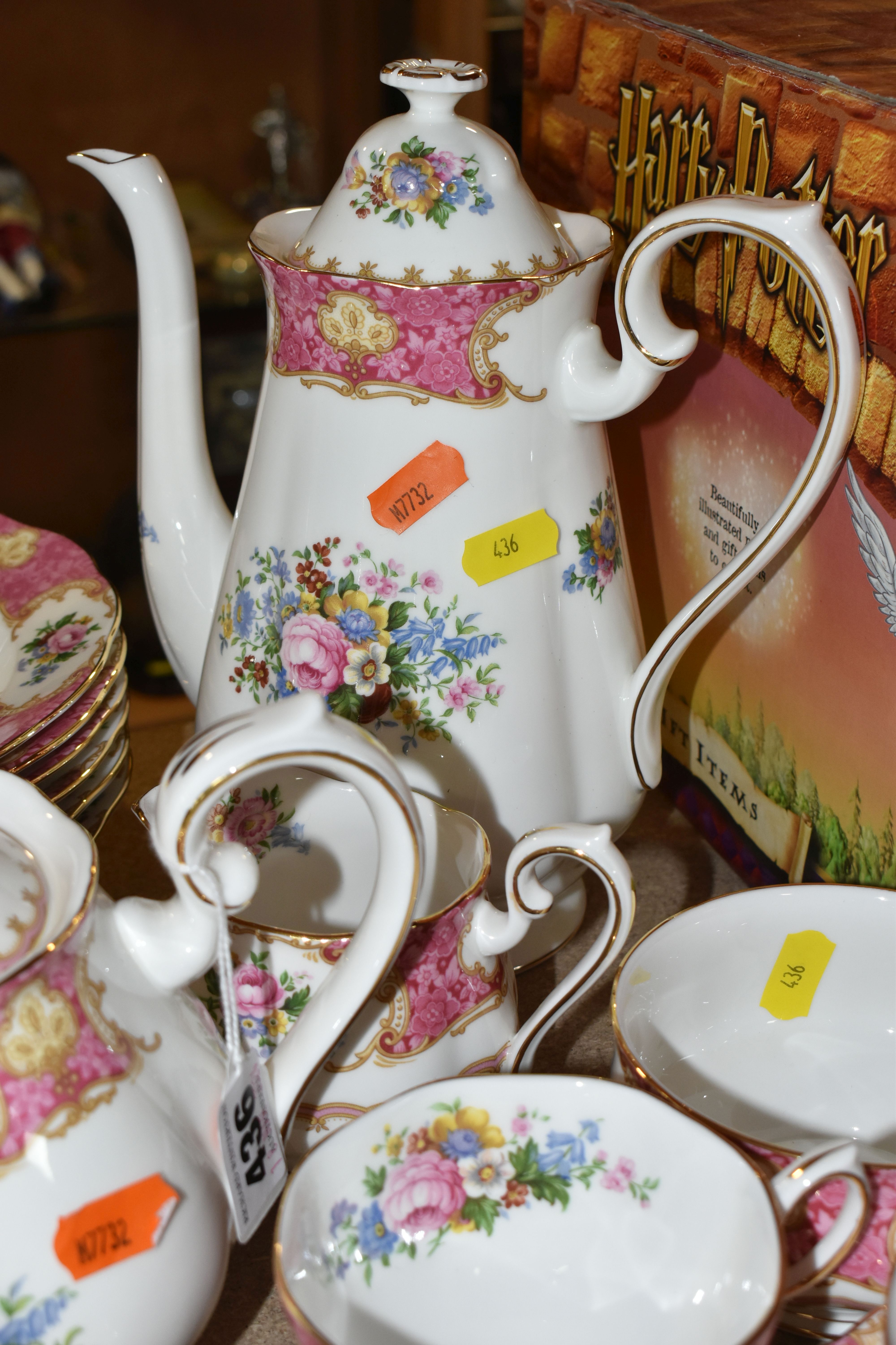 A ROYAL ALBERT 'LADY CARLYLE' SIX PLACE PART DINNER SERVICE, comprising tea cups and saucers, coffee - Image 2 of 9