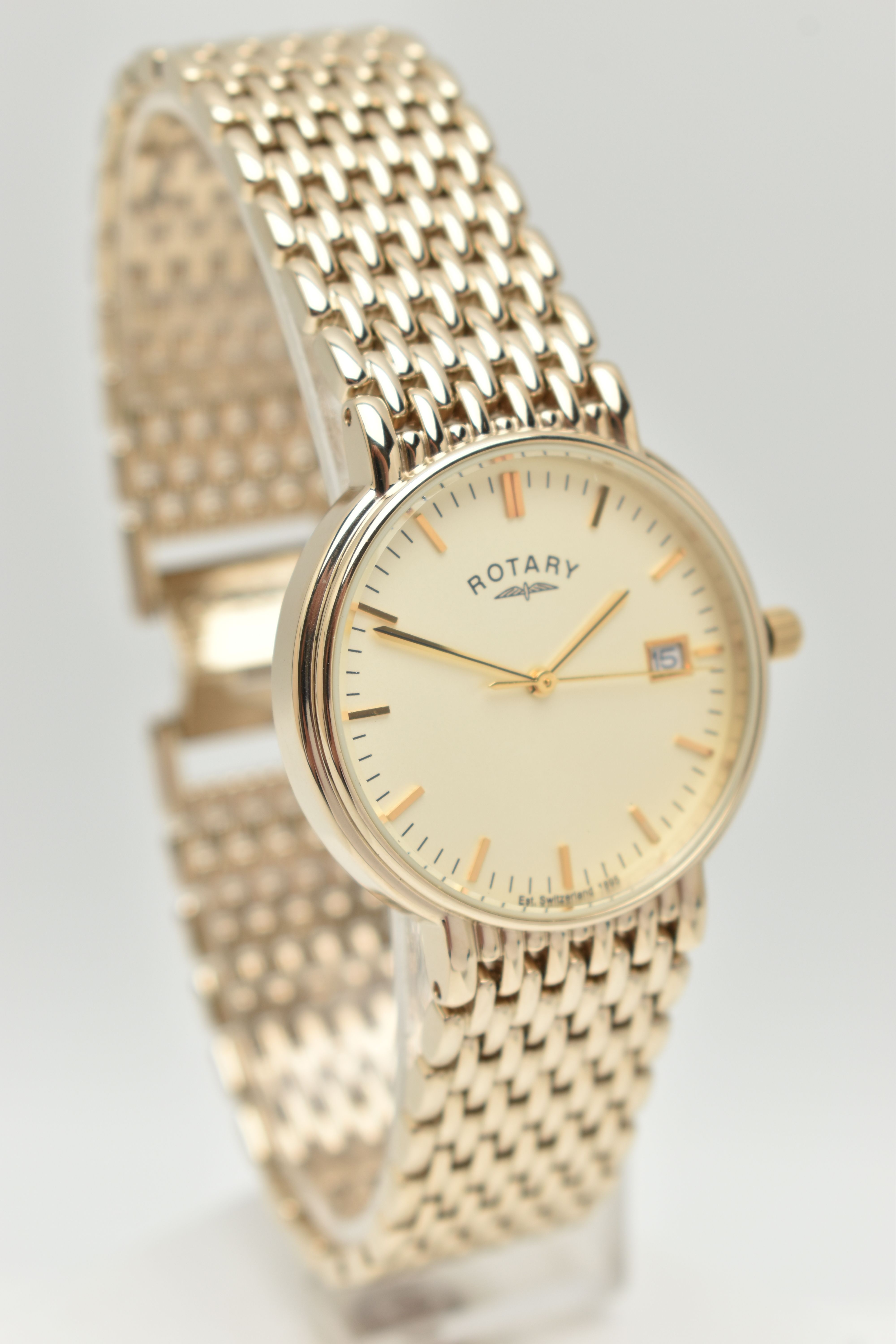 A BOXED 'ROTARY' WRISTWATCH, quartz movement, round gold dial signed 'Rotary', baton makers, date - Image 2 of 6