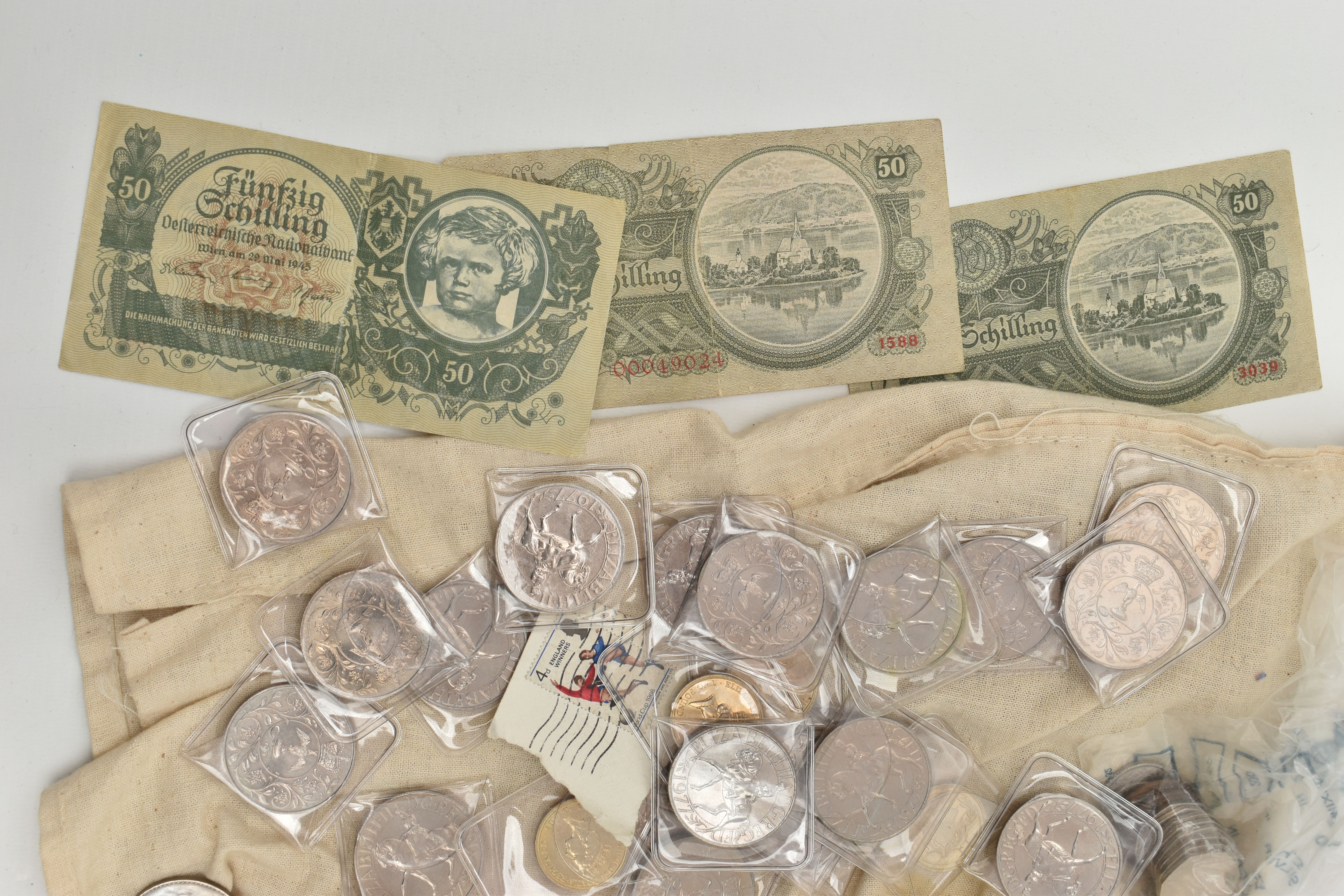 A LARGE CARDBOARD BOX CONTAINING COINS AND COMMEMORATIVES, to include Banknotes Austria 1940s 5x - Image 2 of 5