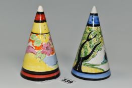 TWO RENE DALE CONICAL SUGAR SIFTERS, comprising a stylised homestead design with a blue and black