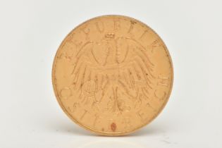 AUSTRIA GOLD 25 SCHILLING COIN 1927, 5.8 grams, 21mm .900 fine, mintage 72,672 (some staining)