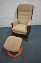 A BEIGE UPHOLSTERED AMERICAN STYLE ROCKING CHAIR, along with a HSL footstool (condition report: