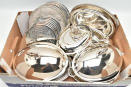 A BOX OF ASSORTED WHITE METAL WARE, to include entree dishes with covers, plate coasters, ladle,