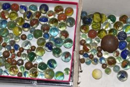 A QUANTITY OF ASSORTED LOOSE MARBLES, various sizes and designs, ball bearings etc., all in play