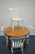 A PINE CIRCULAR TABLE, diameter 106cm x height 75cm, and four white painted chairs (condition