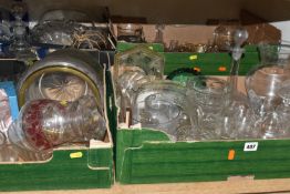 FIVE BOXES OF ASSORTED GLASSWARE, including press moulded items, drinking glasses, decanters,