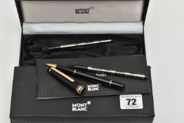 A CASED MONT BLANC MEISTERSTUCK PIX ROLLERBALL PEN, the black pen case with gold coloured trim,