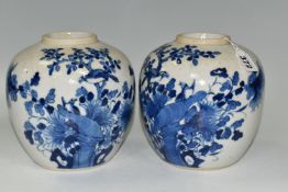 A PAIR OF ORIENTAL PORCELAIN JARS, blue and white crackle glazed, decorated with flowers and
