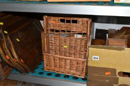 A QUANTITY OF WOODEN ITEMS ETC, comprising a box of assorted wooden boxes, three graduated oak