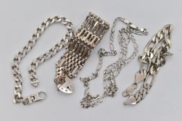 A SMALL ASSORTMENT OF SILVER AND WHITE METAL JEWELLERY, to include a wide silver gate bracelet,