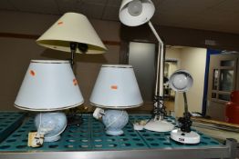 FIVE TABLE LAMPS, comprising a white Anglepoise lamp with circular base, an adjustable desk lamp,