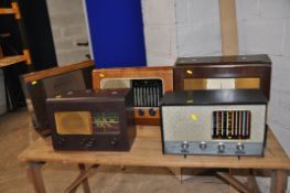 FIVE VINTAGE VALVE RADIOS comprising of a Pye T.19.D, a Bush AC11 (case repaired and no front glass,