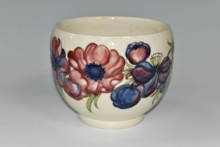 A LARGE MOORCROFT POTTERY JARDINIERE, decorated with purple and puce 'Anemone' design on a cream