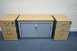 THREE MODERN OFFICE FURNITURE PIECES, to include a tambour front cabinet, and two three drawer
