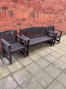 A ROSEDALE STAINED TEAK GARDEN SET, to include a bench, width 161cm, and a pair of armchairs (