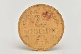AUSTRIA GOLD 25 SCHILLING COIN 1929, 5.8 grams, 21mm, .900 fine, 243,269 mintage (some staining)