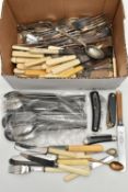 A BOX OF ASSORTED CUTLERY, loose EPNS cutlery most pieces fitted with ivorine handles, together with