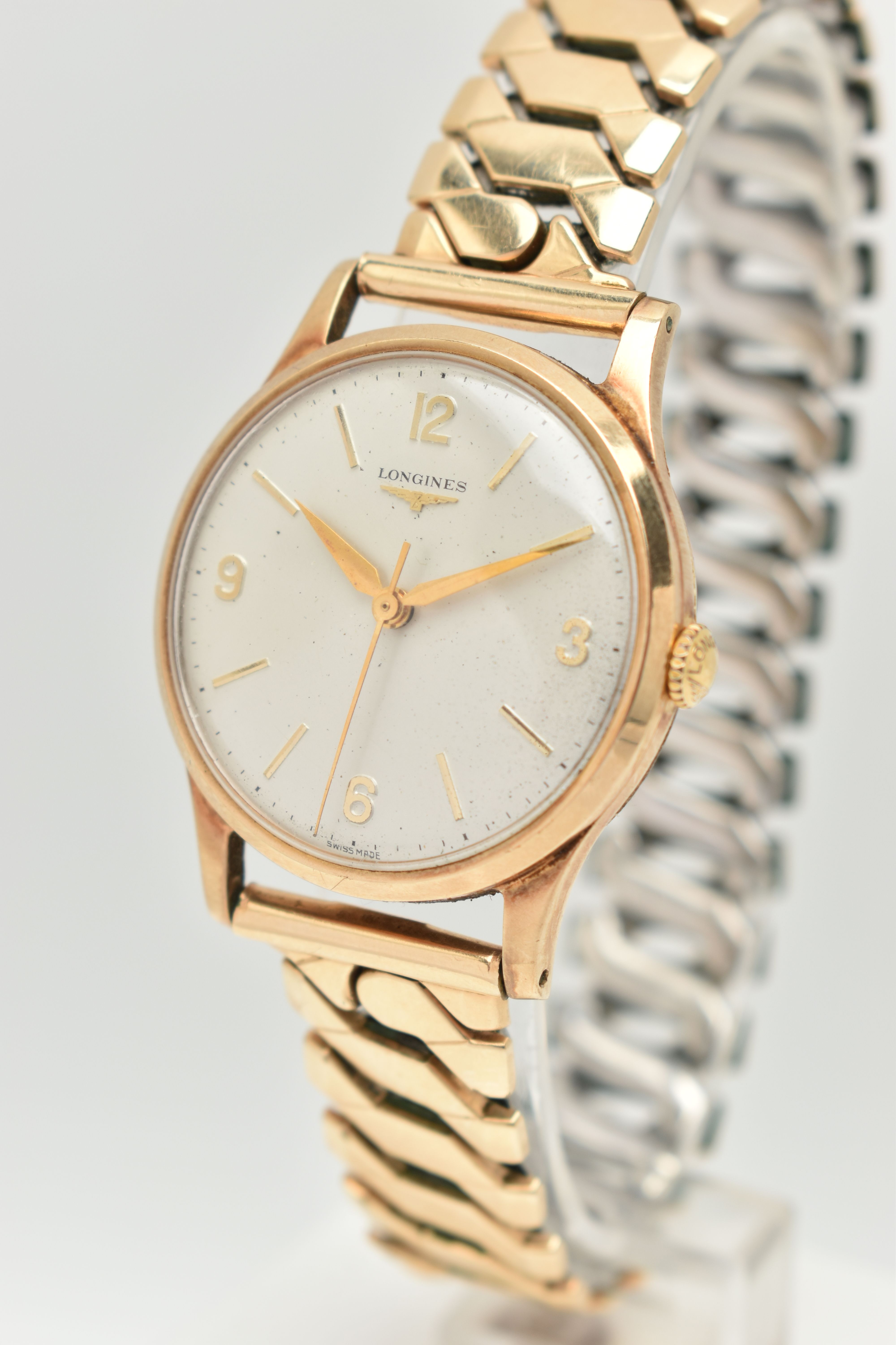 A GENTS 9CT GOLD 'LONGINES' WRISTWATCH, manual wind, round silver dial signed 'Longines', Arabic - Image 3 of 6