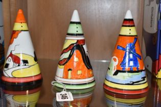 THREE BIZARRE CRAFT RENEE DALE CONICAL SUGAR SIFTERS, all hand painted with Clarice Cliff style