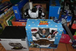 THREE BOXES AND LOOSE TOYS AND GAMES, to include a boxed Toy Story Intergalactic Buzz Lightyear