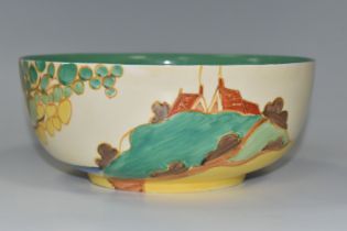 A CLARICE CLIFF 'SECRETS' DESIGN BOWL, diameter 21cm, cream interior, printed mark to the base