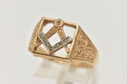 A GENTS 9CT GOLD MASONIC SIGNET RING, open work square signet detailing the Masonic square and
