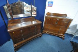 AN EARLY TO MID 20TH CENTURY MAHOGANY BEDROOM SUITE, comprising a tallboy, with double cupboard
