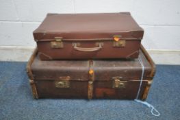 A VINTAGE CANVAS TRAVELING TRUNK, with wooden banding, along with another case (condition report: