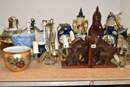 A GROUP OF LIGHT FITTINGS, VASES, BOOK ENDS, ETC, including late 19th / early 20th century pottery