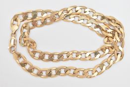 A HEAVY 9CT GOLD FLAT CURB LINK CHAIN, wide links approximate width 8.7mm, fitted with a lobster