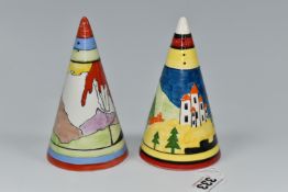 TWO RENE DALE CONICAL SUGAR SHAKERS, one painted with a castle amongst trees and hills, the other