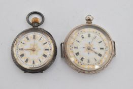 TWO LADIES POCKET WATCHES, the first a key wound, open face pocket watch, Roman numeral dial,