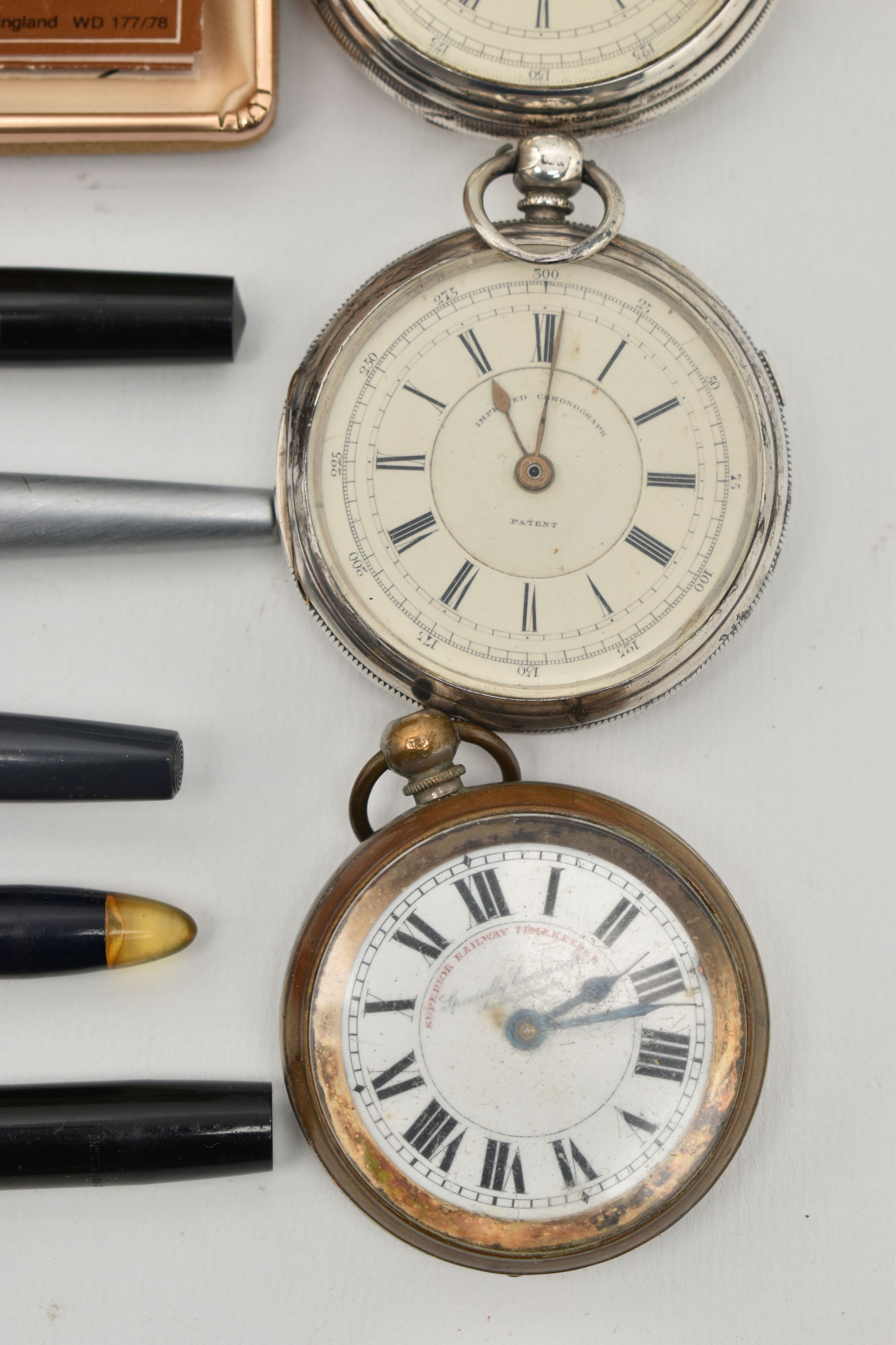 THREE POCKET WATCHES AND ASSORTED PENS, to include a silver, open face pocket watch, key wound, - Image 3 of 4