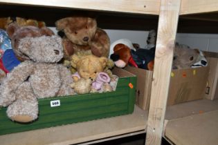THREE BOXES OF SOFT TOYS AND TEDDY BEARS, maker's names include Harlington, Russ, Lefray Toys Ltd.