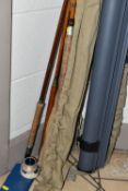 A GROUP OF VINTAGE FISHING RODS, REELS AND A BMW REAR PARCEL SHELF, comprising BMW parcel shelf code