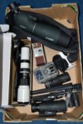 A BOX OF OPTICAL EQUIPMENT, to include a Svbony 25-75x70 cased spotting scope, a boxed Jintu '