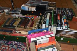 SIX BOXES OF BOOKS, CDS, DVDS AND VHS TAPES, to include over seventy books, titles to include