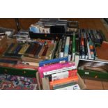 SIX BOXES OF BOOKS, CDS, DVDS AND VHS TAPES, to include over seventy books, titles to include