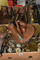 TWO BOXES AND LOOSE METALWARE, to include a copper coffee pot, copper tray, copper and brass